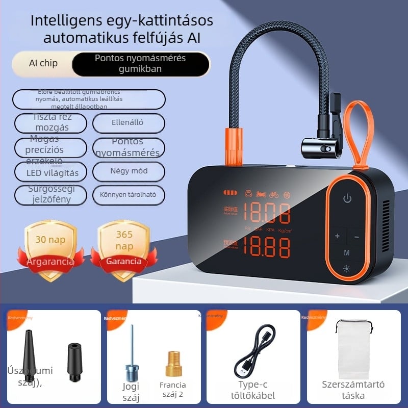 Autóba illő hordozható vezeték nélküli magas teljesítményű levegőpumpa - automatikus kikapcsolás és fény, USB töltés, 24V, 80W, digitális kijelző, 30 L/min