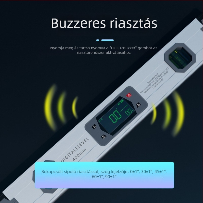 Két-tengelyes elektronikus digitális vízmérték – alumíniumötvözet, szögmérő, hangjelzés lejtéshez