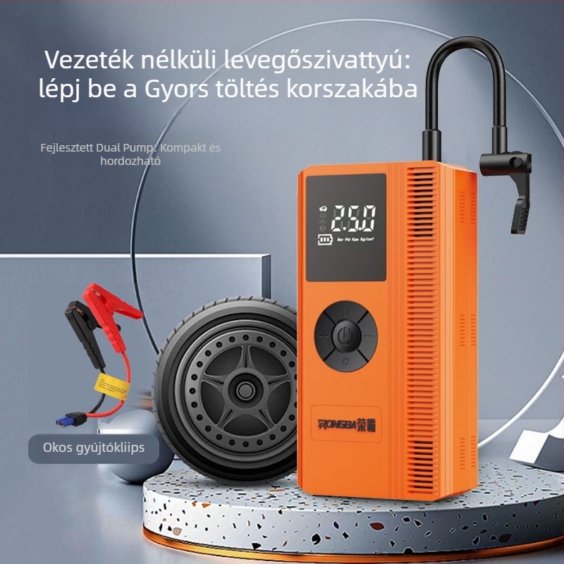 Autóhoz való levegőpumpa digitális guminyomás-mérővel és USB töltéssel, 12V, 100W, 60 L/min