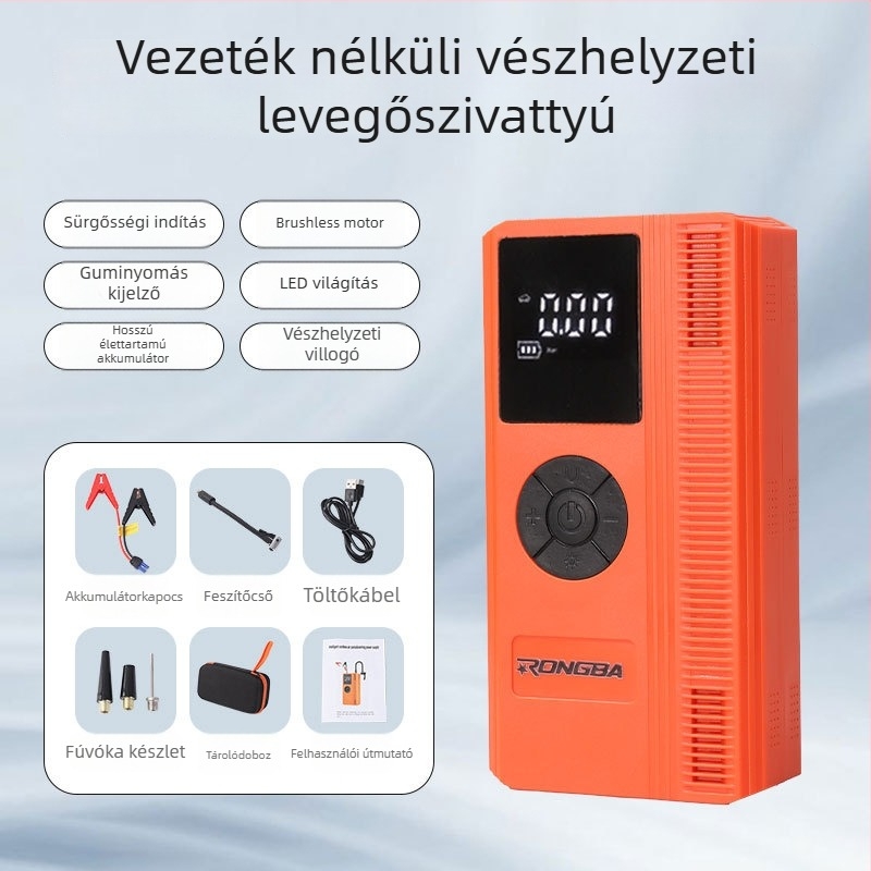 Autóhoz való levegőpumpa digitális guminyomás-mérővel és USB töltéssel, 12V, 100W, 60 L/min