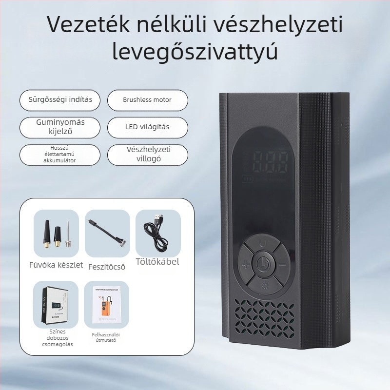 Autóhoz való levegőpumpa digitális guminyomás-mérővel és USB töltéssel, 12V, 100W, 60 L/min