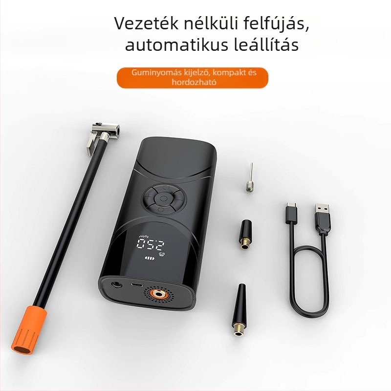 Nagy teljesítményű vezeték nélküli autós légpumpa — hordozható elektromos fújó pumpa digitális kijelzővel, 80W, 11.1V, 10A, kb. 500 g