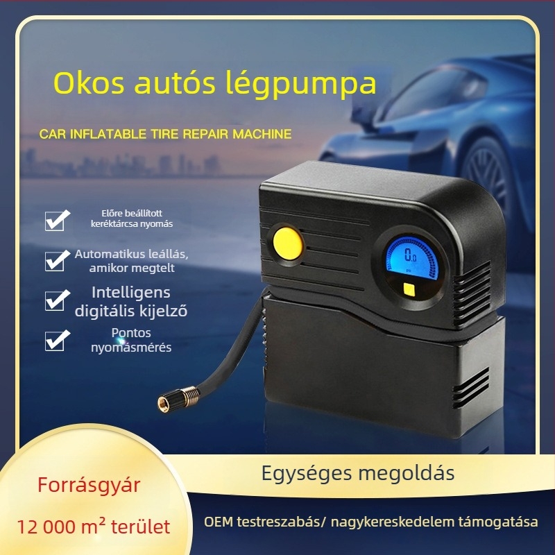 Autóba szerelhető levegőpumpa, egyhengeres, 120W, DC-12V, 35L/min, digitális kijelző és mutató, 3 m hosszú kábel