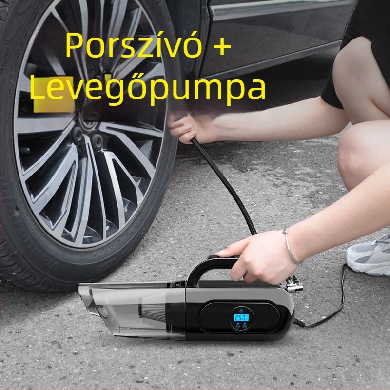 Autóba való egybeépített légpumpa és porszívó, digitális kijelzővel, 24V, 120W, 4–5 m hosszú kábel, dugaszolható tápellátás