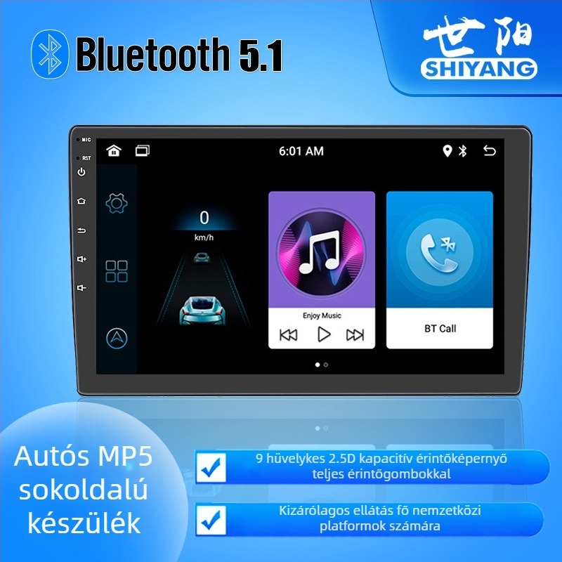 Autós MP5 lejátszó Bluetooth-szal, tolató kamera, LCD kijelző, 12V táplálás, Wireless CarPlay, AHD
