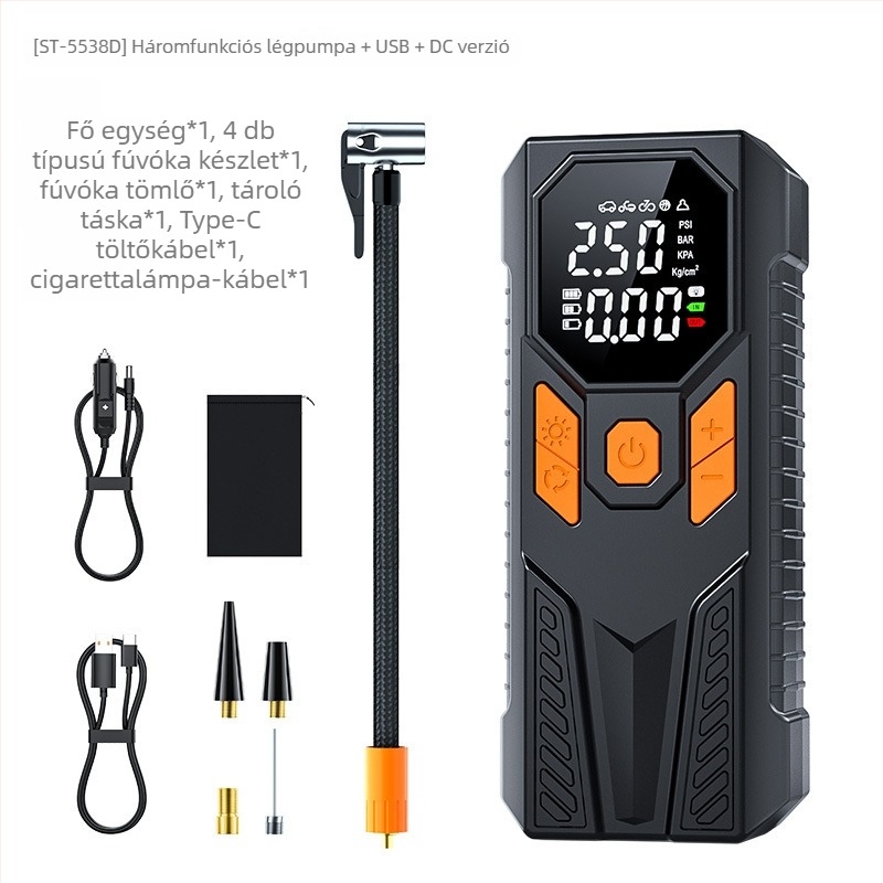 Autó légpumpa digitális kijelzővel, automatikus leállítás, guminyomás-mérő, világítás, Type-C tápegység 5V/2A