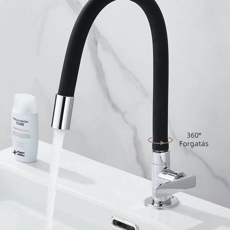 Fali konyhai csaptele, rézből készült test, krómozott felülettel, kihúzható szeleppel, csak hideg víz