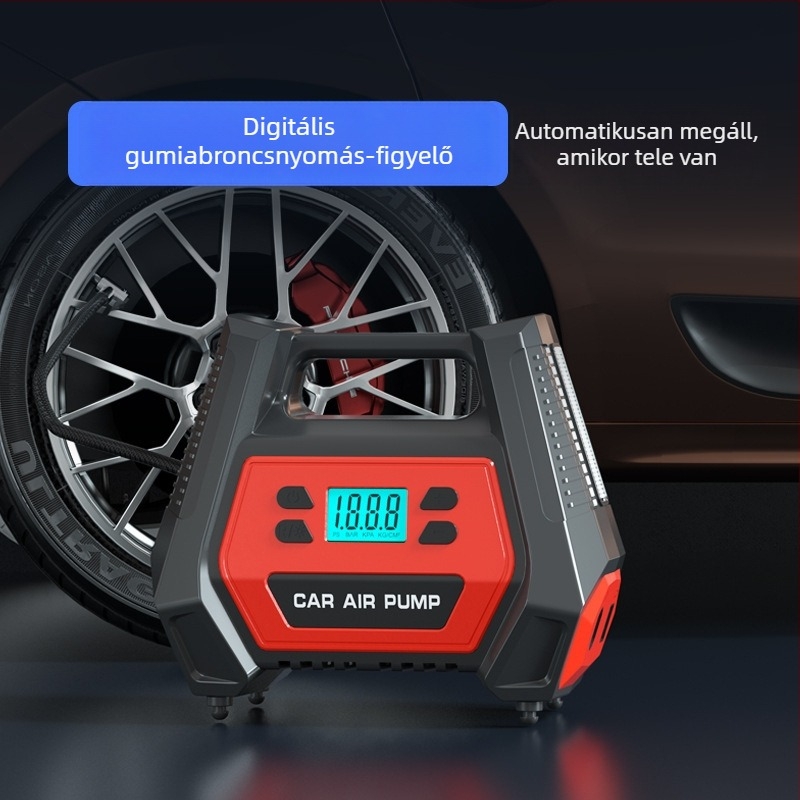 Hordozható autógumi pumpa, 12V, 120W, 40 L/min, digitális kijelző, LED világítás