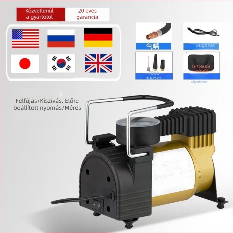 Autóipari levegőpumpa, fém egyhengeres, 12V, 150W, 3 m kábel, guminyomás-mérő, 45 L/min