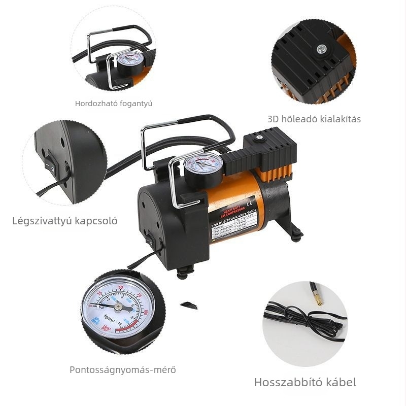 Autóipari levegőpumpa, fém egyhengeres, 12V, 150W, 3 m kábel, guminyomás-mérő, 45 L/min