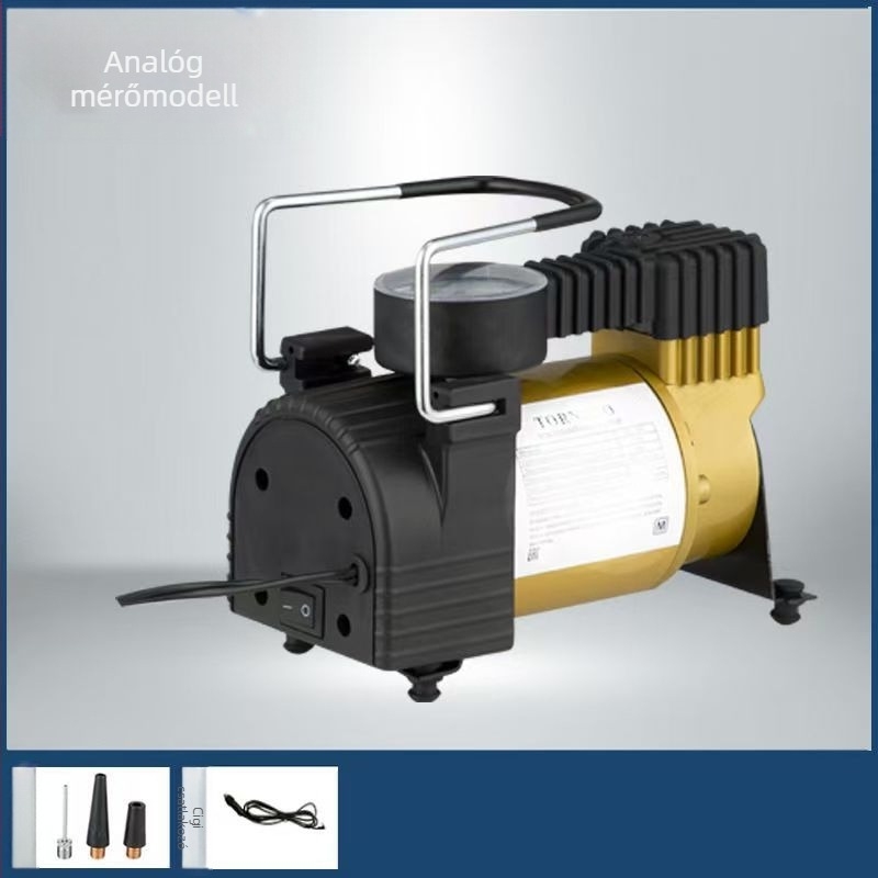 Autóipari levegőpumpa, fém egyhengeres, 12V, 150W, 3 m kábel, guminyomás-mérő, 45 L/min