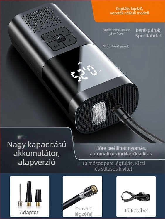 Hordozható autó légpumpa digitális kijelzővel, 12V, 80W, 25 L/min, USB töltés; alkalmas autó gumikhoz, labdákhoz, kerékpárokhoz, motorkerékpárokhoz és elektromos járművekhez