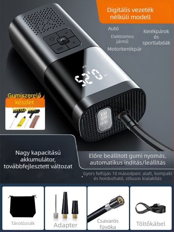 Hordozható autó légpumpa digitális kijelzővel, 12V, 80W, 25 L/min, USB töltés; alkalmas autó gumikhoz, labdákhoz, kerékpárokhoz, motorkerékpárokhoz és elektromos járművekhez