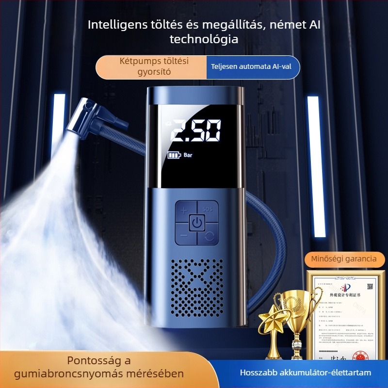 Hordozható autó légpumpa digitális kijelzővel, 12V, 80W, 25 L/min, USB töltés; alkalmas autó gumikhoz, labdákhoz, kerékpárokhoz, motorkerékpárokhoz és elektromos járművekhez