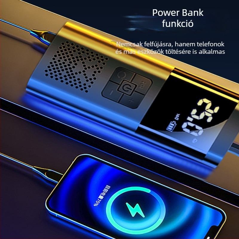 Hordozható autó légpumpa digitális kijelzővel, 12V, 80W, 25 L/min, USB töltés; alkalmas autó gumikhoz, labdákhoz, kerékpárokhoz, motorkerékpárokhoz és elektromos járművekhez