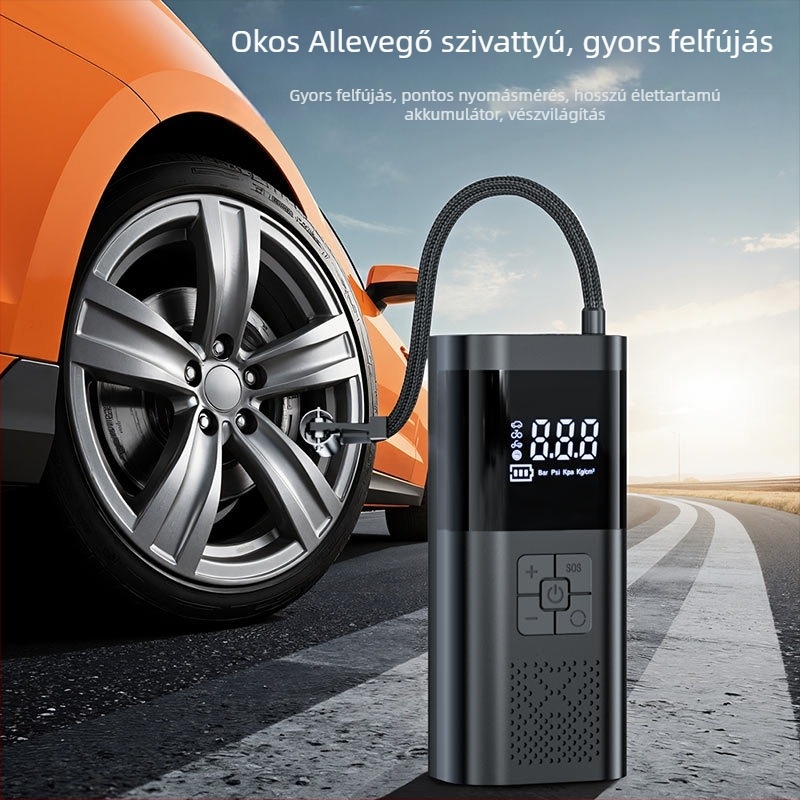 Kompakt autó légpumpa digitális kijelzővel, előre beállított gumiabroncsnyomás és automatikus kikapcsolás, 12V, újratölthető, 80W, 30 L/min.