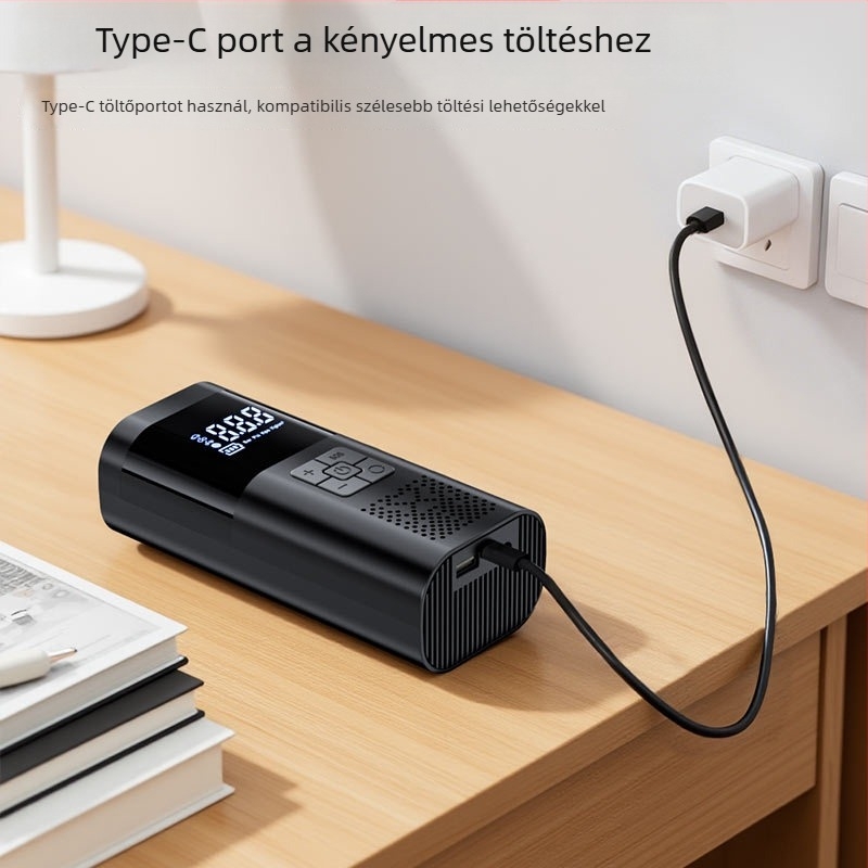 Kompakt autó légpumpa digitális kijelzővel, előre beállított gumiabroncsnyomás és automatikus kikapcsolás, 12V, újratölthető, 80W, 30 L/min.