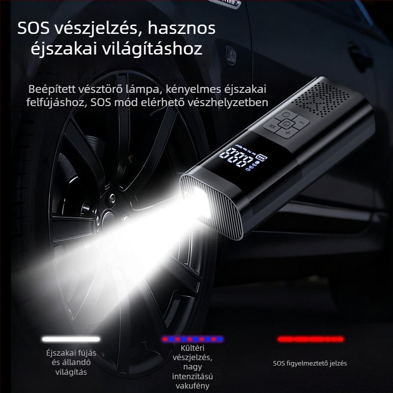 Kompakt autó légpumpa digitális kijelzővel, előre beállított gumiabroncsnyomás és automatikus kikapcsolás, 12V, újratölthető, 80W, 30 L/min.