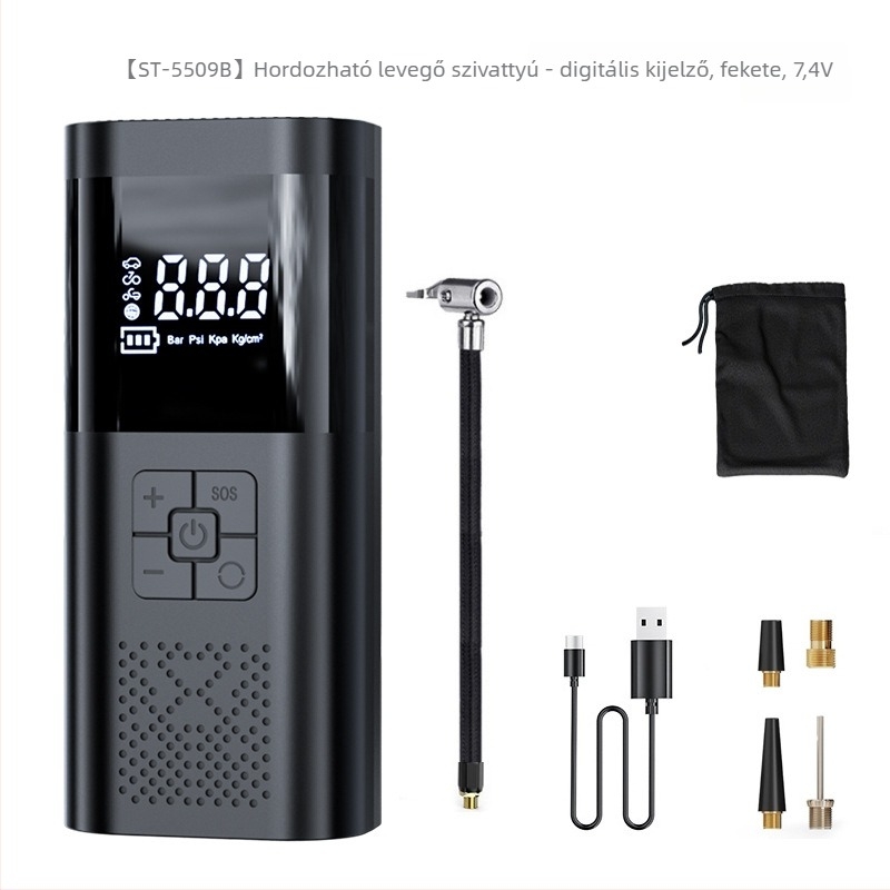 Kompakt autó légpumpa digitális kijelzővel, előre beállított gumiabroncsnyomás és automatikus kikapcsolás, 12V, újratölthető, 80W, 30 L/min.