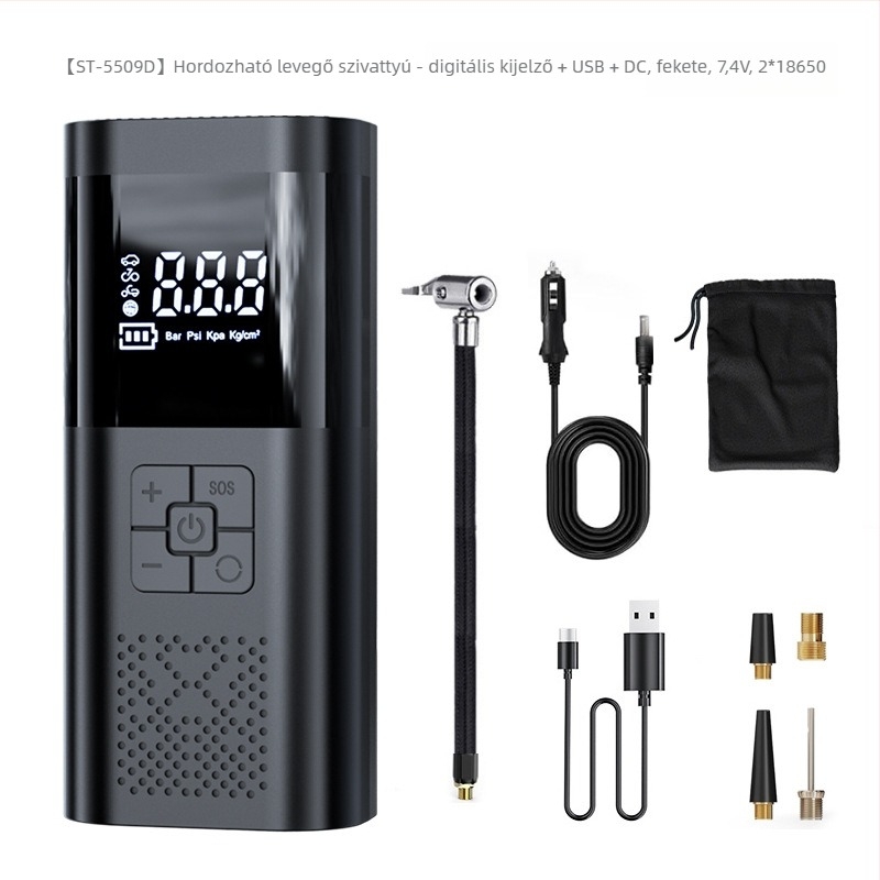 Kompakt autó légpumpa digitális kijelzővel, előre beállított gumiabroncsnyomás és automatikus kikapcsolás, 12V, újratölthető, 80W, 30 L/min.