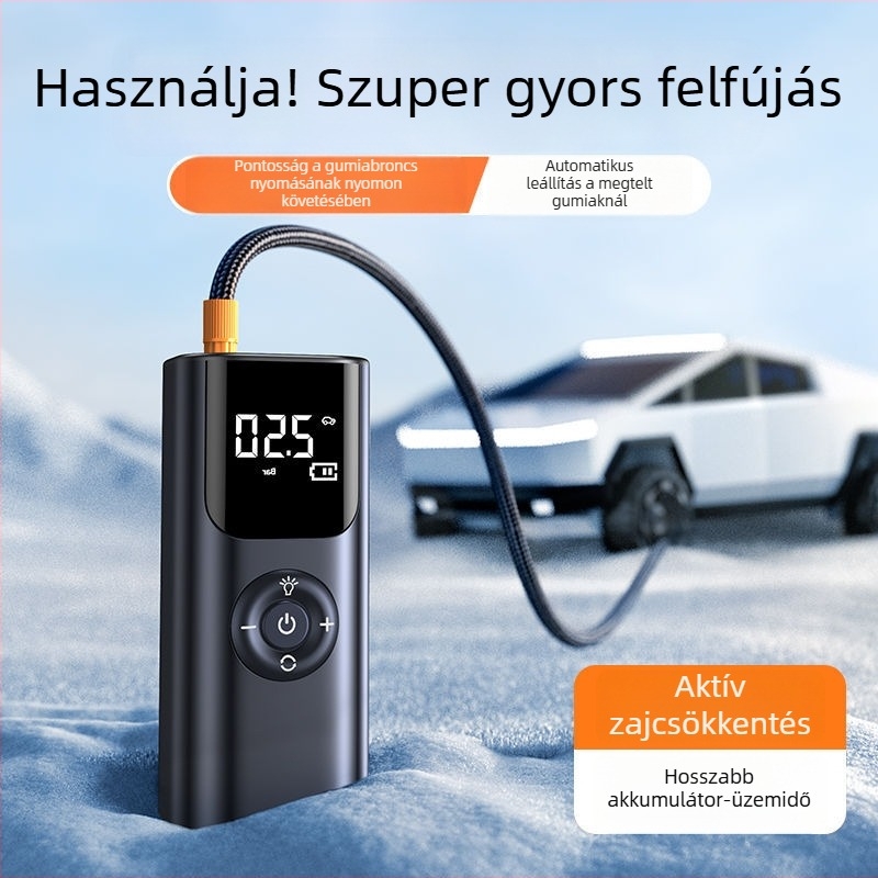 Autóba illő hordozható levegőpumpa, 12V, 220W, újratölthető, digitális LCD kijelző, 3,5–4 m-eskábel