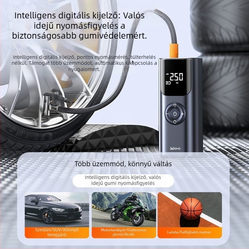 Autóba illő hordozható levegőpumpa, 12V, 220W, újratölthető, digitális LCD kijelző, 3,5–4 m-eskábel