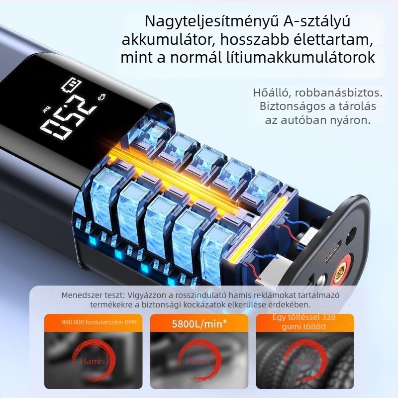 Autóba illő hordozható levegőpumpa, 12V, 220W, újratölthető, digitális LCD kijelző, 3,5–4 m-eskábel