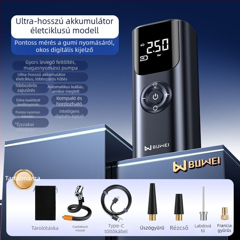 Autóba illő hordozható levegőpumpa, 12V, 220W, újratölthető, digitális LCD kijelző, 3,5–4 m-eskábel