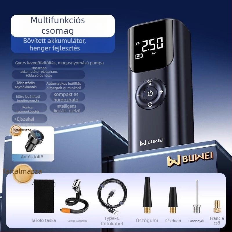 Autóba illő hordozható levegőpumpa, 12V, 220W, újratölthető, digitális LCD kijelző, 3,5–4 m-eskábel