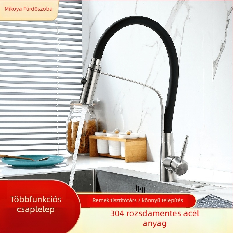 Konyhai kihúzható csaptelep, 304 rozsdamentes acélból, kerámiás szelep, csiszolt felülettel, beépítés a mosogató alatt