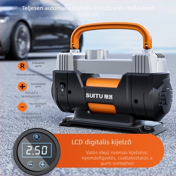 Hordozható kettős hengeres autógumi-fújó, 12V, >280W, 45 L/min, Digitális kijelző