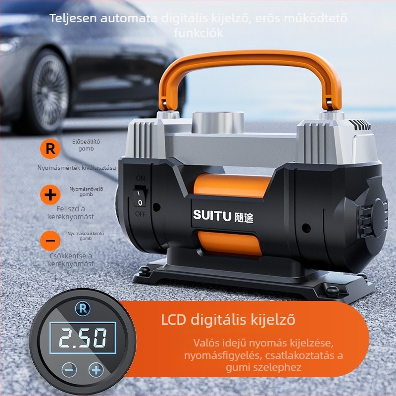 Hordozható kettős hengeres autógumi-fújó, 12V, >280W, 45 L/min, Digitális kijelző