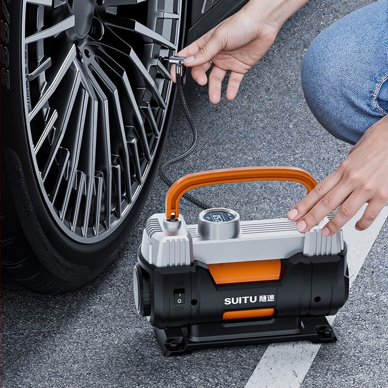 Hordozható kettős hengeres autógumi-fújó, 12V, >280W, 45 L/min, Digitális kijelző