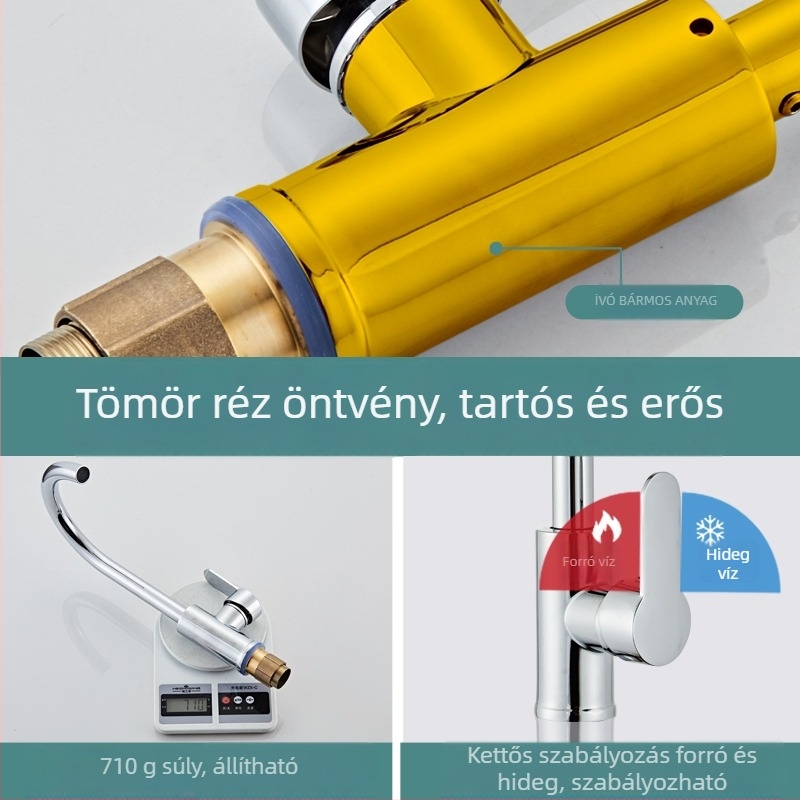 Forgatható réz konyhai csap meleg- és hideg vízhez kerámiadiszka-szeleppel