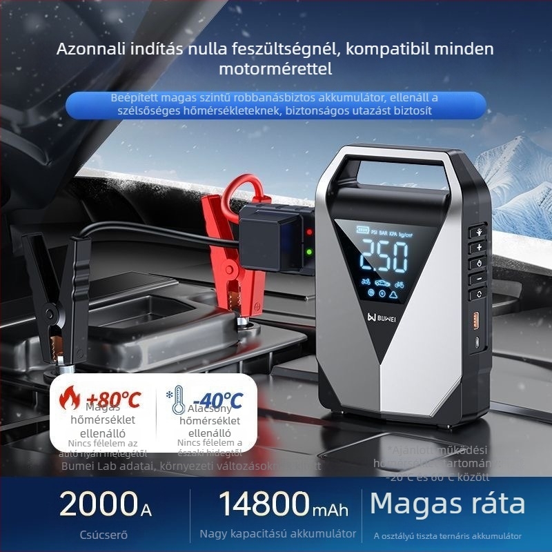 Gépjármű gumiabroncs-fújó és indító, mindez egyben, 12V, 12000mAh, 40 L/min, 80W, Digitális kijelző