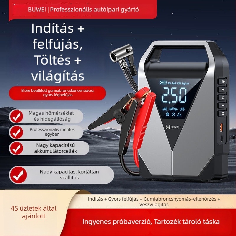 Gépjármű gumiabroncs-fújó és indító, mindez egyben, 12V, 12000mAh, 40 L/min, 80W, Digitális kijelző