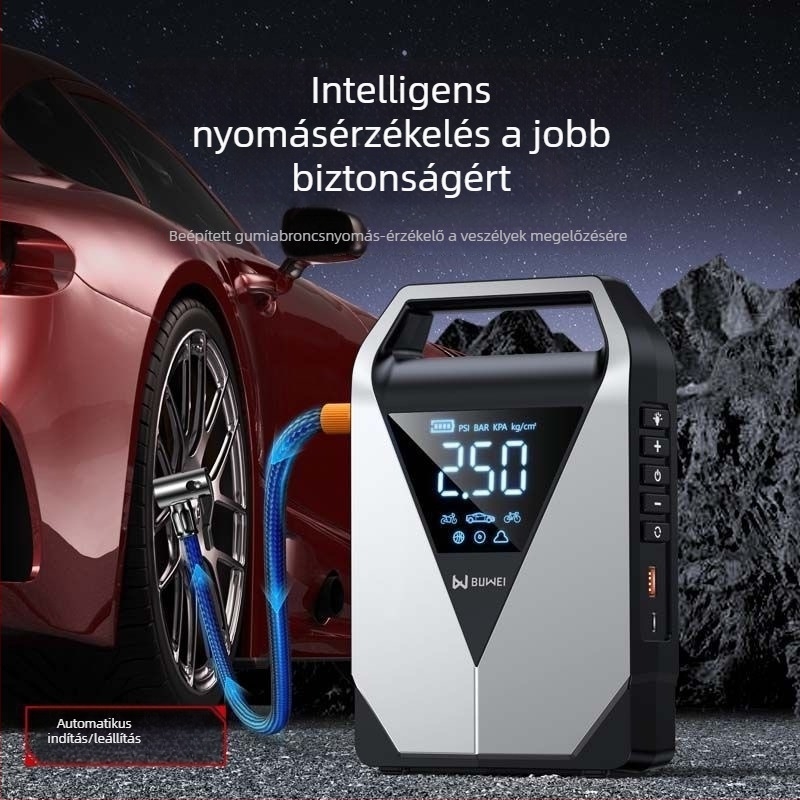 Gépjármű gumiabroncs-fújó és indító, mindez egyben, 12V, 12000mAh, 40 L/min, 80W, Digitális kijelző