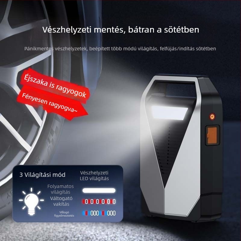 Gépjármű gumiabroncs-fújó és indító, mindez egyben, 12V, 12000mAh, 40 L/min, 80W, Digitális kijelző