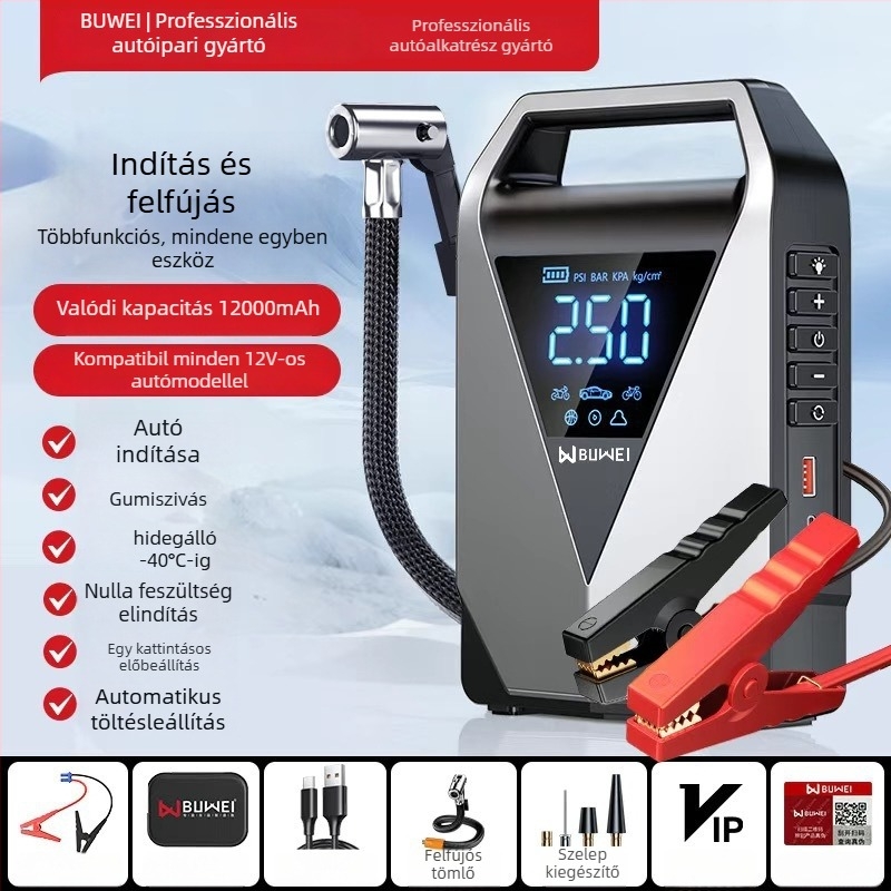 Gépjármű gumiabroncs-fújó és indító, mindez egyben, 12V, 12000mAh, 40 L/min, 80W, Digitális kijelző