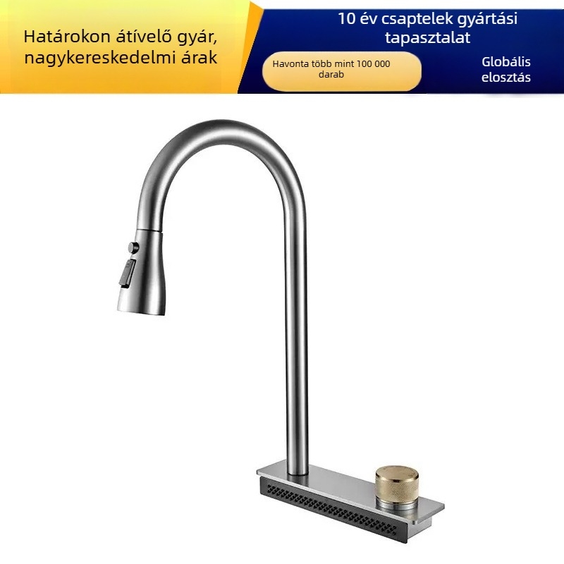 Konyhai kihúzható mosogatótáp, satinált 304 rozsdamentes acél, forró és hideg víz, kétlyukú beépítés