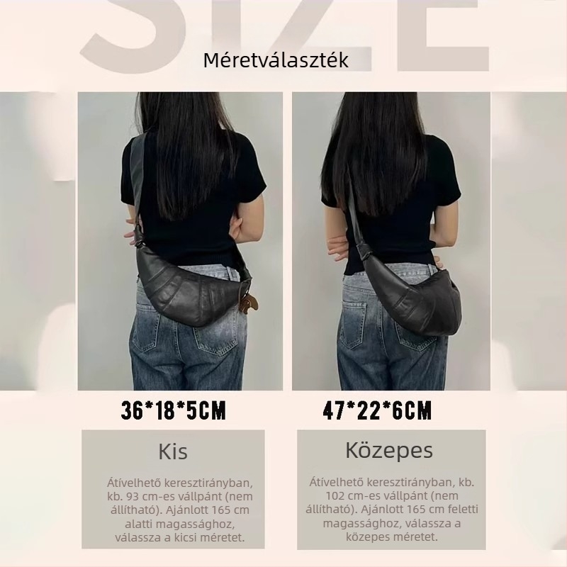 Valódi bőrből készült dumpling táska cipzárral, egy vállon átvetett crossbody, belső cipzáras zseb és ID zseb