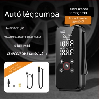 Autó légpumpa, többfunkciós, 12V, 100W, 25 L/perc, újratölthető, digitális kijelző