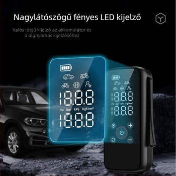 Autó légpumpa, többfunkciós, 12V, 100W, 25 L/perc, újratölthető, digitális kijelző