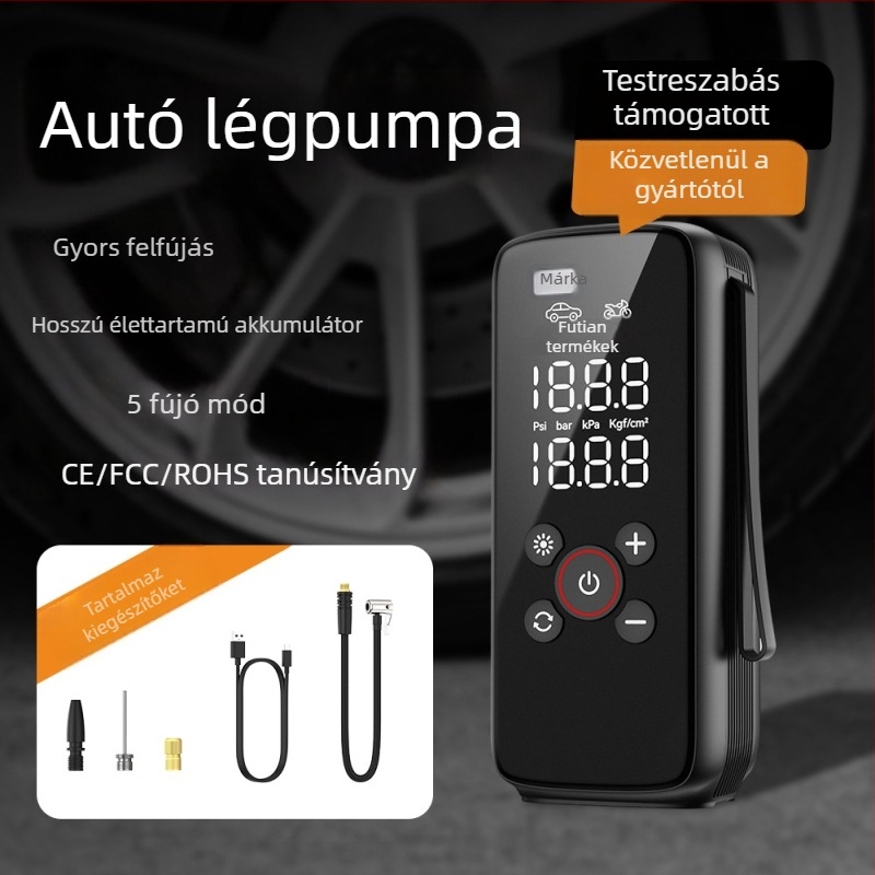 Autó légpumpa, többfunkciós, 12V, 100W, 25 L/perc, újratölthető, digitális kijelző