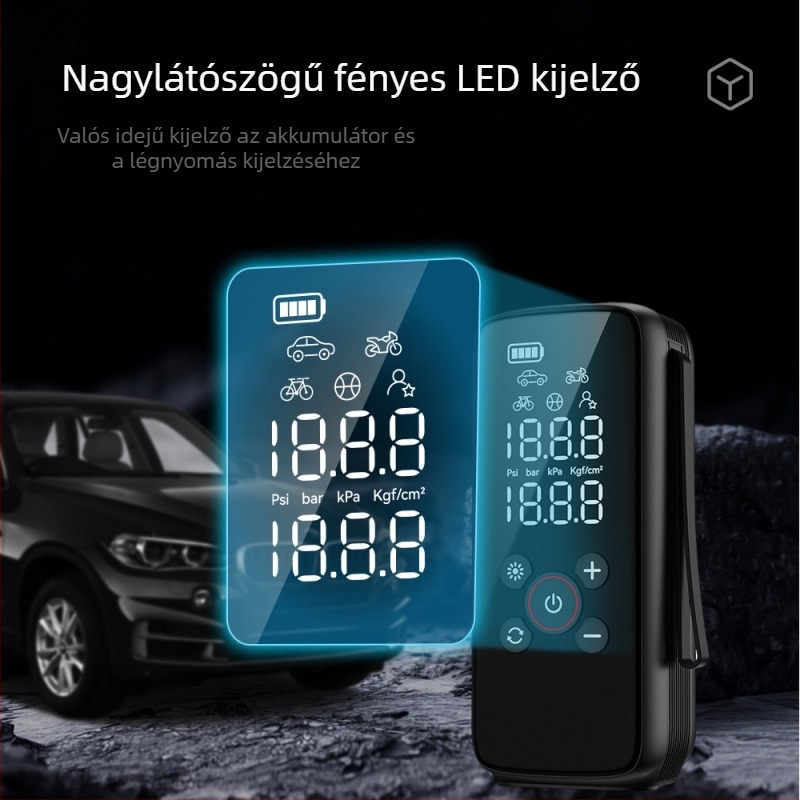 Autó légpumpa, többfunkciós, 12V, 100W, 25 L/perc, újratölthető, digitális kijelző