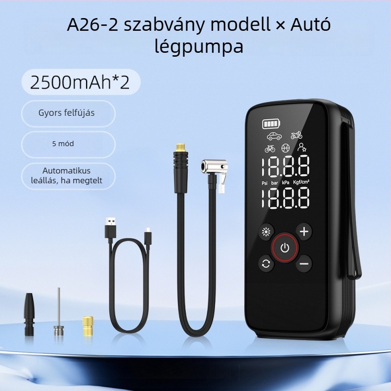 Autó légpumpa, többfunkciós, 12V, 100W, 25 L/perc, újratölthető, digitális kijelző