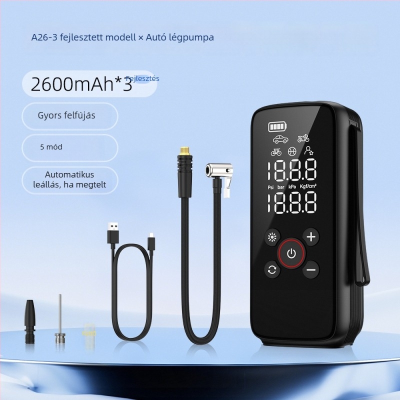 Autó légpumpa, többfunkciós, 12V, 100W, 25 L/perc, újratölthető, digitális kijelző