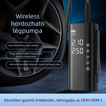 Autó Légpumpa – vezeték nélküli, hordozható, kézben tartható, automatikus kikapcsolás, digitális kijelző; 12V, 100W, 25 L/perc, 5–20 perc folyamatos üzem