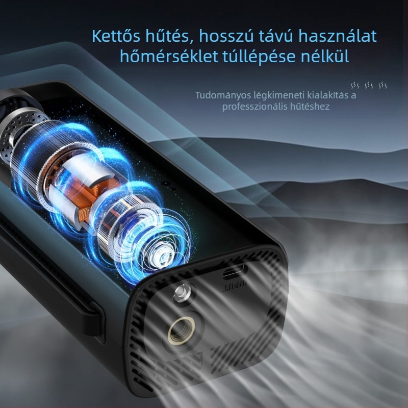 Autó Légpumpa – vezeték nélküli, hordozható, kézben tartható, automatikus kikapcsolás, digitális kijelző; 12V, 100W, 25 L/perc, 5–20 perc folyamatos üzem