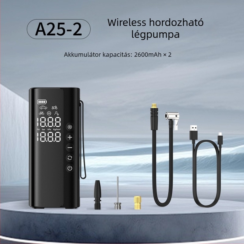 Autó Légpumpa – vezeték nélküli, hordozható, kézben tartható, automatikus kikapcsolás, digitális kijelző; 12V, 100W, 25 L/perc, 5–20 perc folyamatos üzem